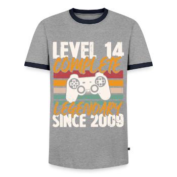 Geburtstagsgeschenk, Level 14 Complete 2009 - Männer Kontrast-T-Shirt - Grau/Navy  - Vorne - AI Model Female 172 light (172cm) & AI Model Male 178 light (178cm)