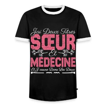 J'ai deux titres Sœur et Médecine. Cadeau soeur. - T-shirt contrasté Homme - noir/blanc - Devant - AI Model Female 172 light (172cm) & AI Model Male 178 light (178cm)