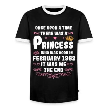 Es war einmal eine Prinzessin. Februar 1962 Geburt - Männer Kontrast-T-Shirt - Schwarz/Weiß - Vorne - AI Model Female 172 light (172cm) & AI Model Male 178 light (178cm)