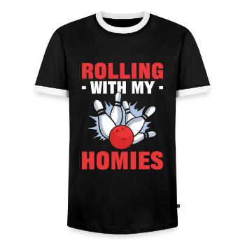Rolling With My Homies Bowling Bowler - Men's Ringer Shirt - black/white - Front - AI Model Female 172 light (172cm) & AI Model Male 178 light (178cm)