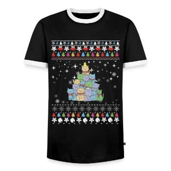 Christmas Cat Tree - Men's Ringer Shirt - black/white - Front - AI Model Female 172 light (172cm) & AI Model Male 178 light (178cm)