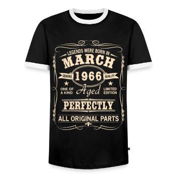 Vintage March 1966 Birthday - Men's Ringer Shirt - black/white - Front - AI Model Female 172 light (172cm) & AI Model Male 178 light (178cm)