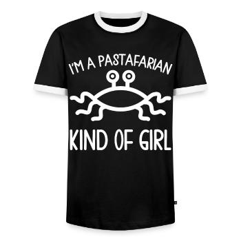 Flying Spaghetti Monster FSM - Men's Ringer Shirt - black/white - Front - AI Model Female 172 light (172cm) & AI Model Male 178 light (178cm)