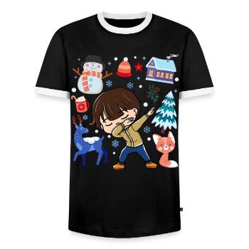 Dabbed Young Snow Deer Winter Temperate - Men's Ringer Shirt - black/white - Front - AI Model Female 172 light (172cm) & AI Model Male 178 light (178cm)