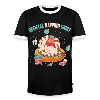 Official Napping Shirt Sleepy Cat Winter - Men's Ringer Shirt - black/white - Front - AI Model Female 172 light (172cm) & AI Model Male 178 light (178cm)