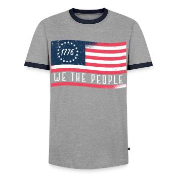 1776 Wir das Volk patriotisch American - Men's Ringer Shirt - grey/navy  - Front - AI Model Female 172 light (172cm) & AI Model Male 178 light (178cm)