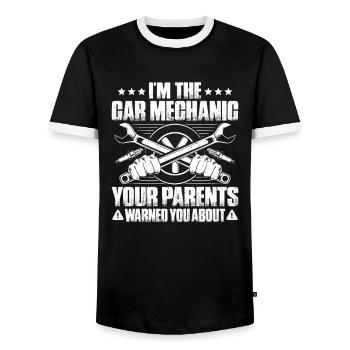 Automotive Mechatronics Engineer Car Mechanic Auto Mechanic - Men's Ringer Shirt - black/white - Front - AI Model Female 172 light (172cm) & AI Model Male 178 light (178cm)