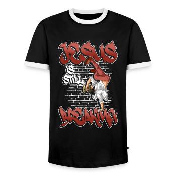 Jesus Is Still Breaking - Breakdance Hip Hop - Men's Ringer Shirt - black/white - Front - AI Model Female 172 light (172cm) & AI Model Male 178 light (178cm)