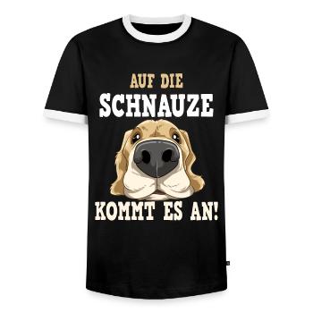 AUF DIE SCHNAUZE KOMMT ES AN - Männer Kontrast-T-Shirt - Schwarz/Weiß - Vorne - AI Model Female 172 light (172cm) & AI Model Male 178 light (178cm)
