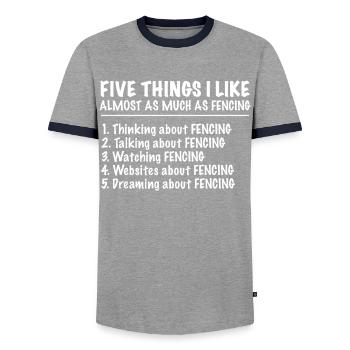 Fencing épée fencing duel gift idea - Men's Ringer Shirt - grey/navy  - Front - AI Model Female 172 light (172cm) & AI Model Male 178 light (178cm)