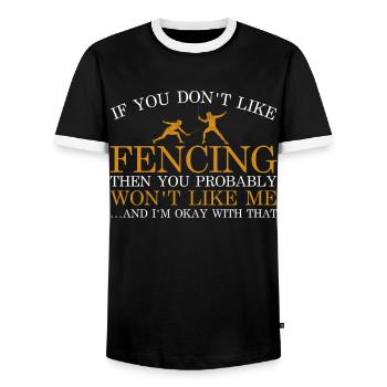 Fencing épée fencing duel gift idea - Men's Ringer Shirt - black/white - Front - AI Model Female 172 light (172cm) & AI Model Male 178 light (178cm)