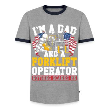 Certified Forklift Truck Operator - Men's Ringer Shirt - grey/navy  - Front - AI Model Female 172 light (172cm) & AI Model Male 178 light (178cm)