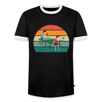 tischtennisspieler tischtennis netz spin aufschlag - Männer Kontrast-T-Shirt - Schwarz/Weiß - Vorne - AI Model Female 172 light (172cm) & AI Model Male 178 light (178cm)