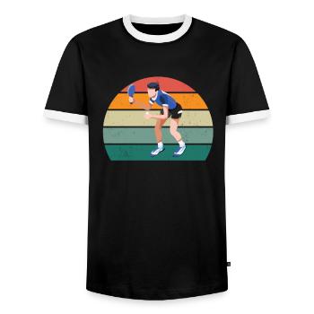 tischtennisspieler tischtennis netz spin aufschlag - Männer Kontrast-T-Shirt - Schwarz/Weiß - Vorne - AI Model Female 172 light (172cm) & AI Model Male 178 light (178cm)
