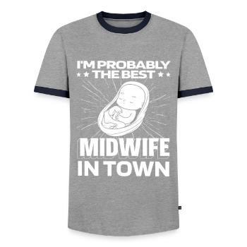 Midwife Baby - Men's Ringer Shirt - grey/navy  - Front - AI Model Female 172 light (172cm) & AI Model Male 178 light (178cm)