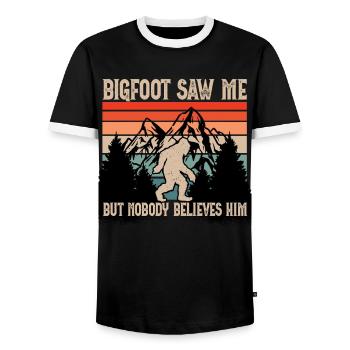 Bigfoot Saw Me But Nobody Believes Him. - Men's Ringer Shirt - black/white - Front - AI Model Female 172 light (172cm) & AI Model Male 178 light (178cm)
