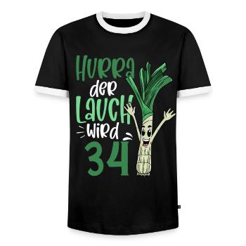 Hurra der Lauch wird 34 - Männer Kontrast-T-Shirt - Schwarz/Weiß - Vorne - AI Model Female 172 light (172cm) & AI Model Male 178 light (178cm)