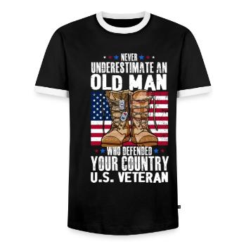 Never Underestimate An Old Man Veteran USA Flag - Men's Ringer Shirt - black/white - Front - AI Model Female 172 light (172cm) & AI Model Male 178 light (178cm)