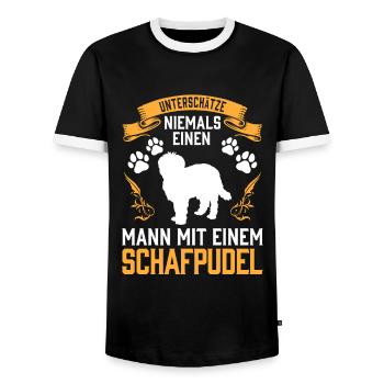 Mann mit Schafpudel altdeutscher Hütepudel - Männer Kontrast-T-Shirt - Schwarz/Weiß - Vorne - AI Model Female 172 light (172cm) & AI Model Male 178 light (178cm)