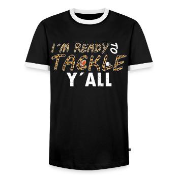 American football player in Ready To Tackle Yall - Men's Ringer Shirt - black/white - Front - AI Model Female 172 light (172cm) & AI Model Male 178 light (178cm)