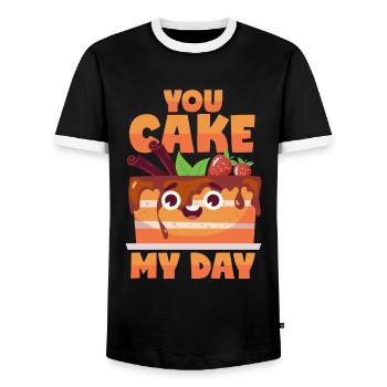 Cake Pun: "You Make My Day" - Men's Ringer Shirt - black/white - Front - AI Model Female 172 light (172cm) & AI Model Male 178 light (178cm)