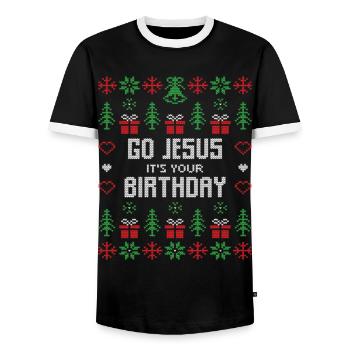 Christmas Go Jesus It's Your Birthday - Men's Ringer Shirt - black/white - Front - AI Model Female 172 light (172cm) & AI Model Male 178 light (178cm)