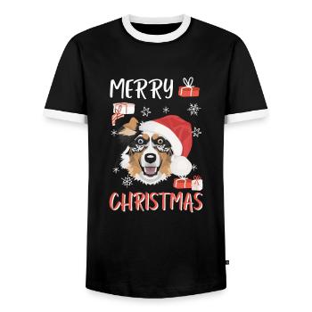 Australian Shepherd Merry Christmas - Men's Ringer Shirt - black/white - Front - AI Model Female 172 light (172cm) & AI Model Male 178 light (178cm)