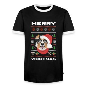 Australian Shepherd Merry Christmas - Men's Ringer Shirt - black/white - Front - AI Model Female 172 light (172cm) & AI Model Male 178 light (178cm)