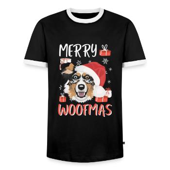 Australian Shepherd Merry Christmas - Men's Ringer Shirt - black/white - Front - AI Model Female 172 light (172cm) & AI Model Male 178 light (178cm)