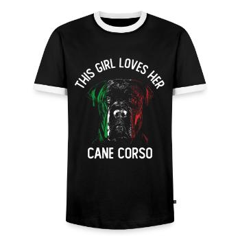 This Girl Loves Her Cane Corso - Men's Ringer Shirt - black/white - Front - AI Model Female 172 light (172cm) & AI Model Male 178 light (178cm)
