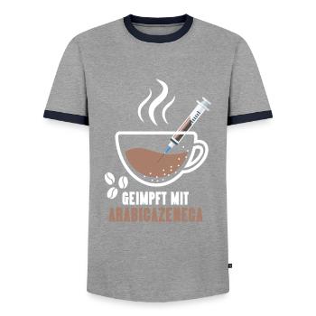 Vaccinated with Arabicazenega coffee - Men's Ringer Shirt - grey/navy  - Front - AI Model Female 172 light (172cm) & AI Model Male 178 light (178cm)