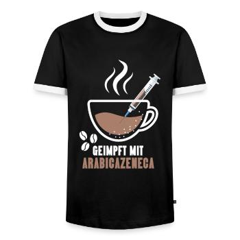 Vaccinated with Arabicazenega coffee - Men's Ringer Shirt - black/white - Front - AI Model Female 172 light (172cm) & AI Model Male 178 light (178cm)