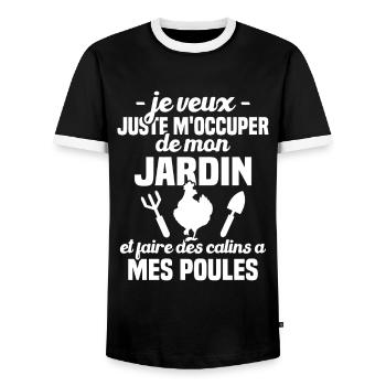 M'occuper de mon jardin, Cadeau jardinier poules - T-shirt contrasté Homme - noir/blanc - Devant - AI Model Female 172 light (172cm) & AI Model Male 178 light (178cm)