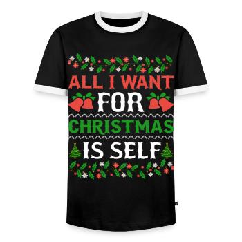 Humor All I Want For Christmas Is Self - Men's Ringer Shirt - black/white - Front - AI Model Female 172 light (172cm) & AI Model Male 178 light (178cm)