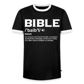 Funny Bible Definition For Atheist - Männer Kontrast-T-Shirt - Schwarz/Weiß - Vorne - AI Model Female 172 light (172cm) & AI Model Male 178 light (178cm)