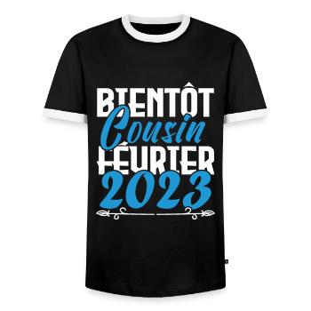 Annonce grossesse bientôt Cousin Février 2023. - T-shirt contrasté Homme - noir/blanc - Devant - AI Model Female 172 light (172cm) & AI Model Male 178 light (178cm)