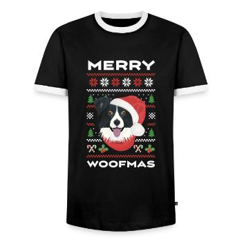 Border Collie Merry Christmas - Men's Ringer Shirt - black/white - Front - AI Model Female 172 light (172cm) & AI Model Male 178 light (178cm)