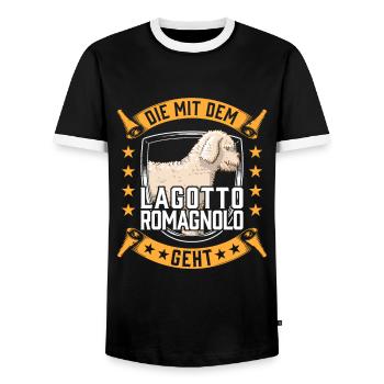 Die mit dem Lagotto Romagnolo Trüffelhund - Männer Kontrast-T-Shirt - Schwarz/Weiß - Vorne - AI Model Female 172 light (172cm) & AI Model Male 178 light (178cm)
