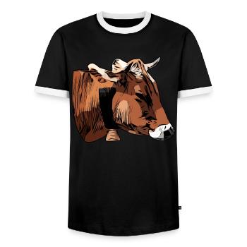 Farmer Cattle Animal Head Motif Print with Bull - Men's Ringer Shirt - black/white - Front - AI Model Female 172 light (172cm) & AI Model Male 178 light (178cm)