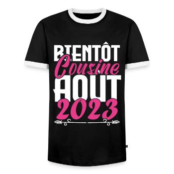 Cadeau Annonce grossesse bientôt Cousine Aout 2023 - T-shirt contrasté Homme - noir/blanc - Devant - AI Model Female 172 light (172cm) & AI Model Male 178 light (178cm)