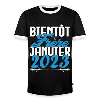 Annonce grossesse. bientôt Frère Janvier 2023. - T-shirt contrasté Homme - noir/blanc - Devant - AI Model Female 172 light (172cm) & AI Model Male 178 light (178cm)