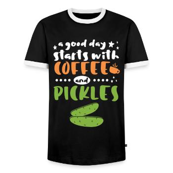 Starts With Coffee and Pickles - Men's Ringer Shirt - black/white - Front - AI Model Female 172 light (172cm) & AI Model Male 178 light (178cm)