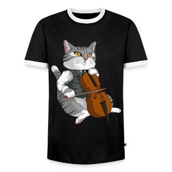 Cat Plays Cello Violin Musical Instrument - Men's Ringer Shirt - black/white - Front - AI Model Female 172 light (172cm) & AI Model Male 178 light (178cm)