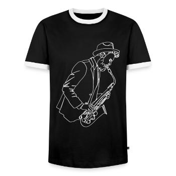Saxophone Oneline Art - Saxophone Musician - Men's Ringer Shirt - black/white - Front - AI Model Female 172 light (172cm) & AI Model Male 178 light (178cm)