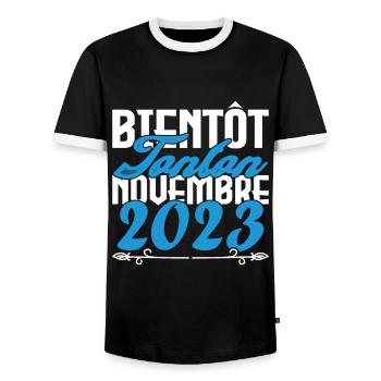 Annonce grossesse. bientôt Tonton Novembre 2023. - T-shirt contrasté Homme - noir/blanc - Devant - AI Model Female 172 light (172cm) & AI Model Male 178 light (178cm)