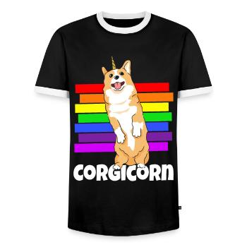Corgicorn Welsh Corgi Unicorn Dog - Men's Ringer Shirt - black/white - Front - AI Model Female 172 light (172cm) & AI Model Male 178 light (178cm)
