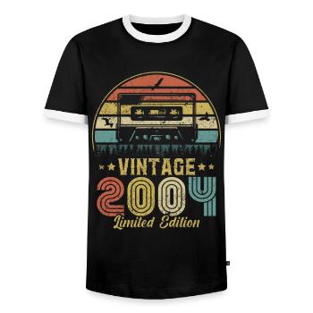 Vintage-Kassette 2004 - Männer Kontrast-T-Shirt - Schwarz/Weiß - Vorne - AI Model Female 172 light (172cm) & AI Model Male 178 light (178cm)