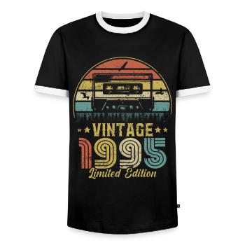 Vintage-Kassette 1995 - Männer Kontrast-T-Shirt - Schwarz/Weiß - Vorne - AI Model Female 172 light (172cm) & AI Model Male 178 light (178cm)