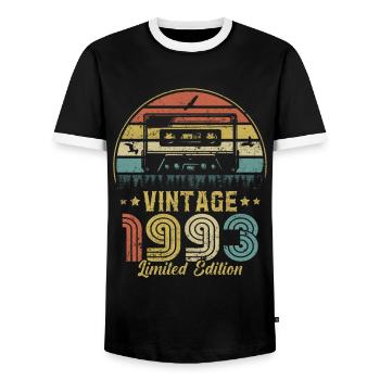 Vintage-Kassette 1993 - Männer Kontrast-T-Shirt - Schwarz/Weiß - Vorne - AI Model Female 172 light (172cm) & AI Model Male 178 light (178cm)