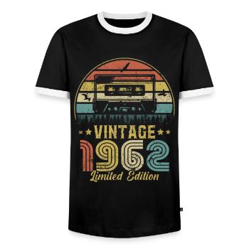 Vintage-Kassette 1962 - Männer Kontrast-T-Shirt - Schwarz/Weiß - Vorne - AI Model Female 172 light (172cm) & AI Model Male 178 light (178cm)